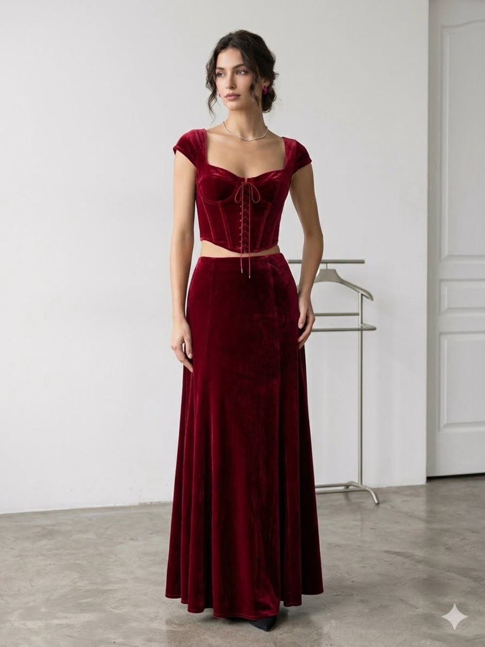 Ebossy Romantic Burgundy Velvet Gothic Glam Holiday High Waist Maxi Skirt XS